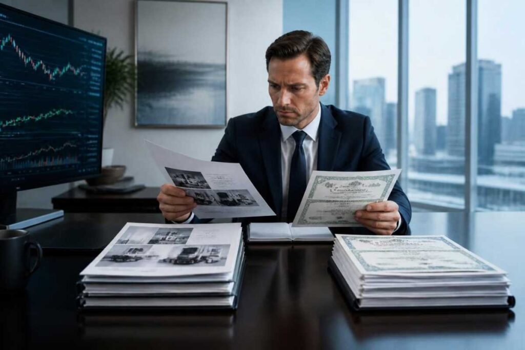 A financial professional in a suit and tie sitting at a desk, actively comparing two different printed documents held in his hands. Two thick stacks of paperwork rest on the desk in front of him, while a large computer monitor displaying financial data charts is visible to his left in a bright corporate office.