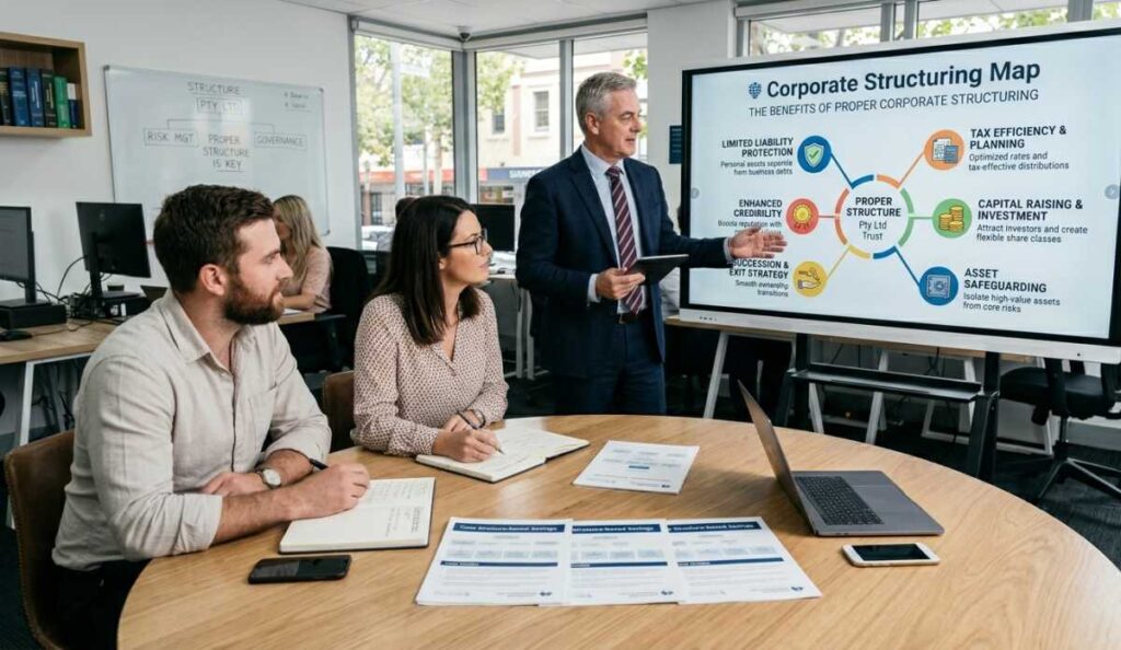 A professional legal advisor in an Australian office explaining business registration documents and a digital corporate guide to a young couple.