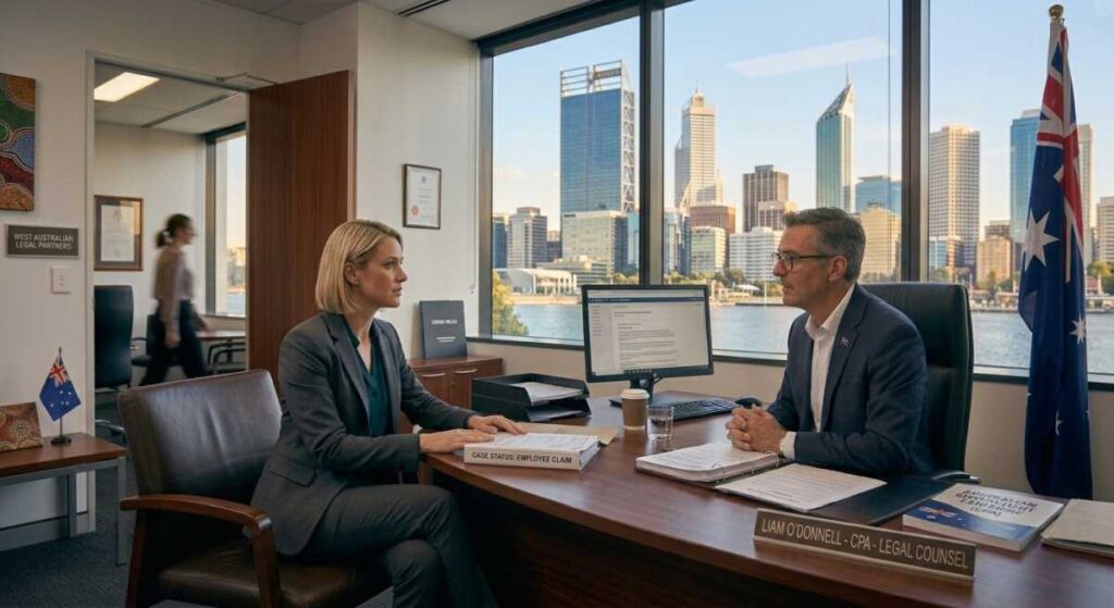 A female client sitting across a desk discussing a legal case with an attorney in a Perth office overlooking the city skyline.