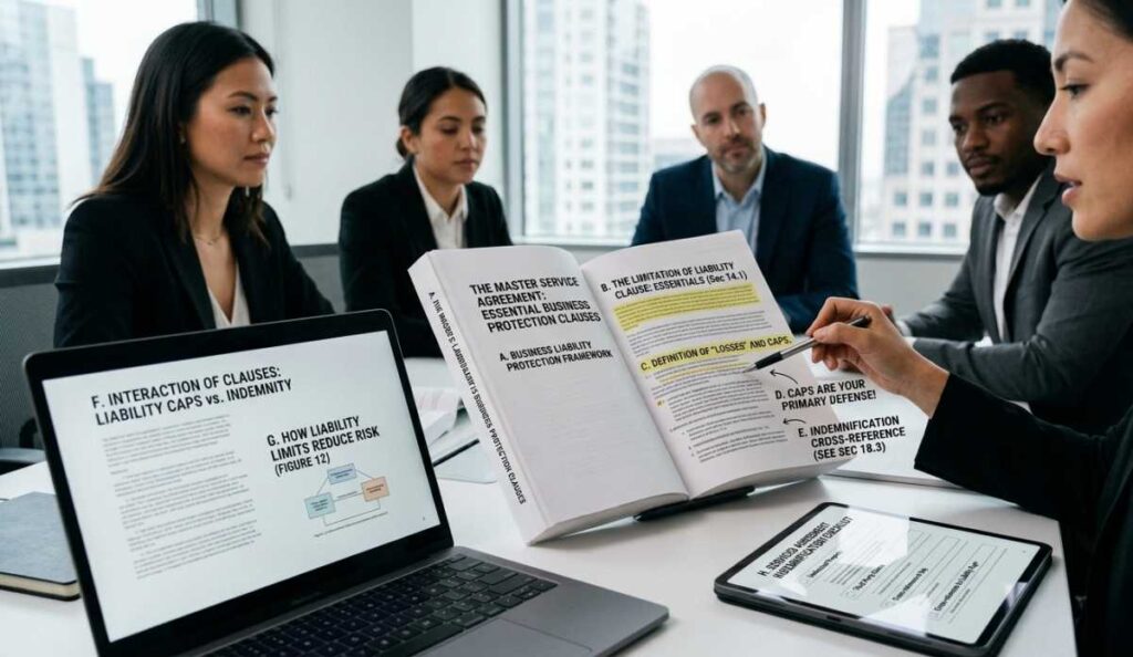 A legal team reviews a master service agreement binder focused on Australian Consumer Law (ACL) compliance. A woman points at highlighted clauses detailing liability caps, definitions of losses, and risk reduction models displayed on a nearby laptop.