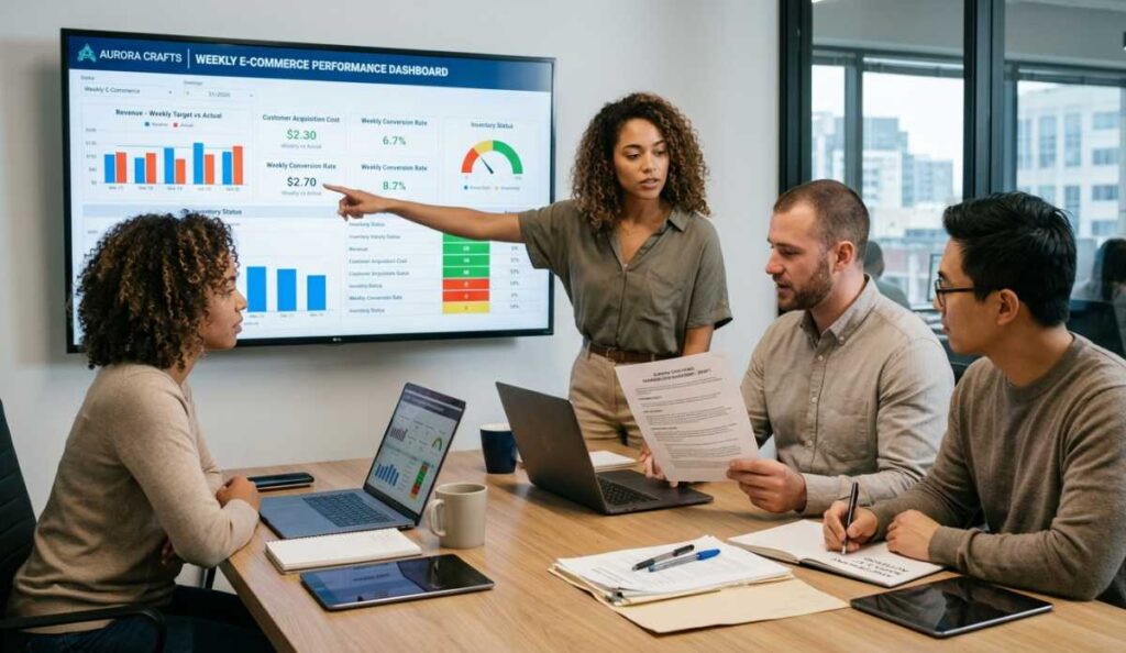 A professional team in a meeting reviewing digital performance charts and a printed shareholder agreement