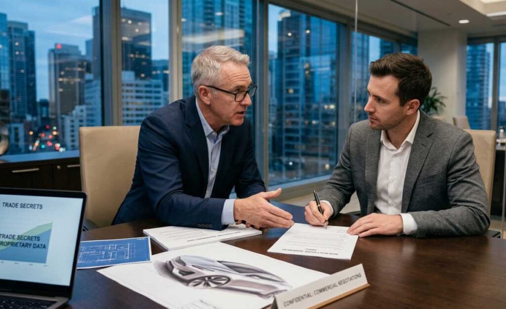 Two businessmen at a meeting table, one speaking while the other writes, with a Non-Disclosure Agreement and a car sketch in a modern office with a city view.