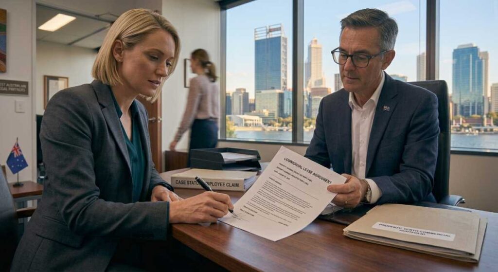 A female client signing a commercial lease agreement document alongside a male attorney in a Perth legal office.
