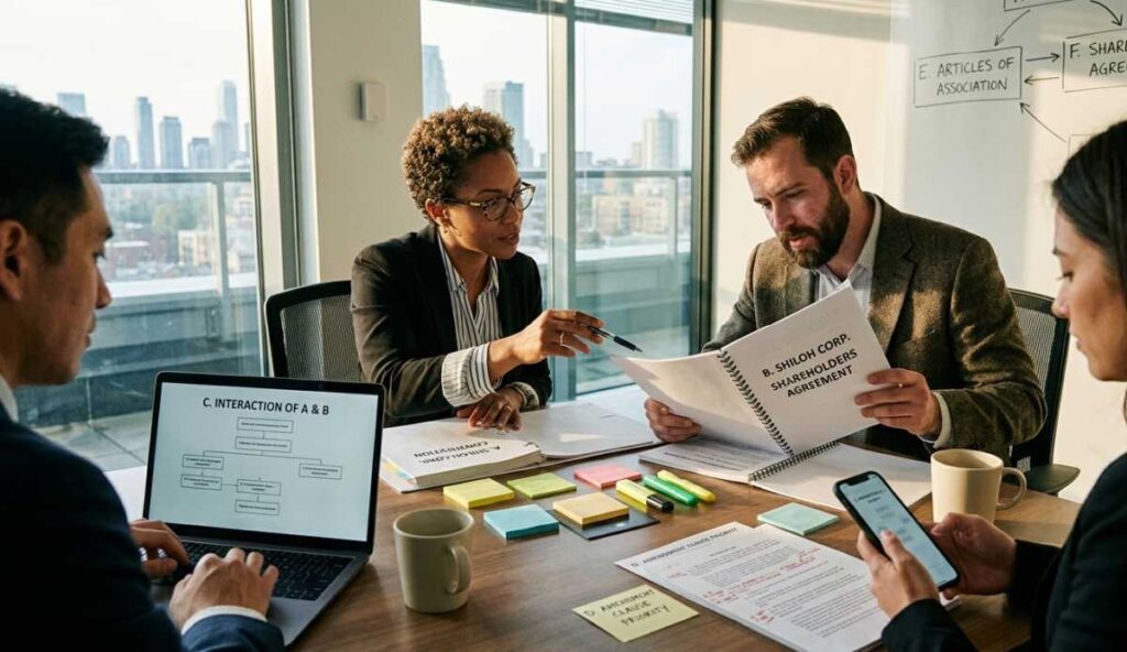 A corporate legal team sits around a conference table analyzing the relationship between corporate documents. One team member holds a document labeled "Shareholders Agreement," another reviews a "Constitution" binder, and a laptop in the foreground displays a flow chart titled "Interaction of A and B" against a bright city office background.