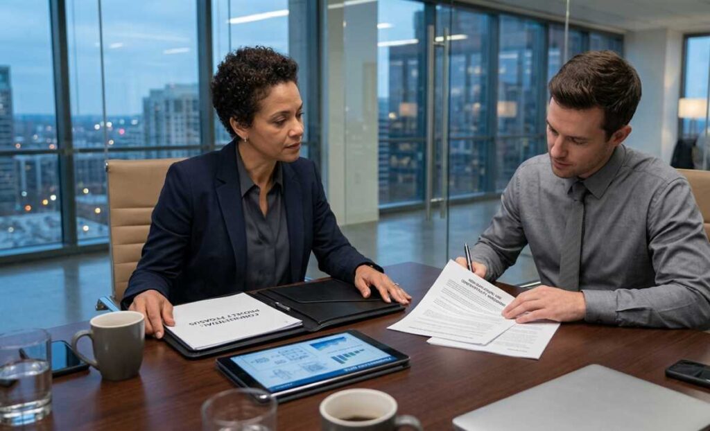 A woman watches a man sign a confidential contract document at a conference table in a modern high-rise office at dusk with a city skyline view.