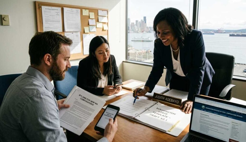 A legal and corporate team reviews a binder labeled "PERTH WA - Draft V2.1" on a wooden desk. A female professional stands over the desk pointing to the document, while colleagues look over printed corporate bylaws and a laptop displaying the WA Secretary of State website, with a city skyline and water view out the windo