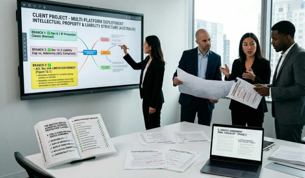 A business team collaborates in a high-rise conference room. One presenter points to a large digital screen mapping out intellectual property and liability structures compliant with Australian law, while colleagues review printed checklists and master service contracts.