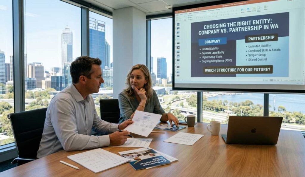 A photograph from a boardroom in Perth, Western Australia. A man and a woman discuss choosing a company or partnership structure, with a projector screen showing a clear comparison and a WA Business Registration Guide visible.