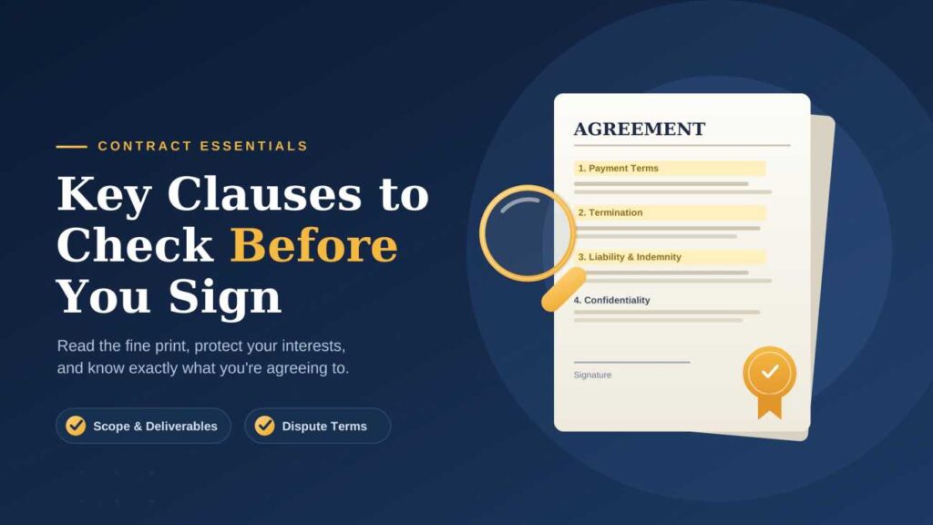 Contract document with payment, termination and liability clauses highlighted and a magnifying glass reviewing the key clauses to check before signing