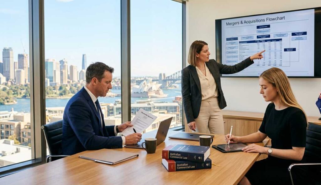 Three Australian lawyers conduct a meeting regarding a mergers and acquisitions flowchart in an office overlooking Sydney Harbour and the Opera House.