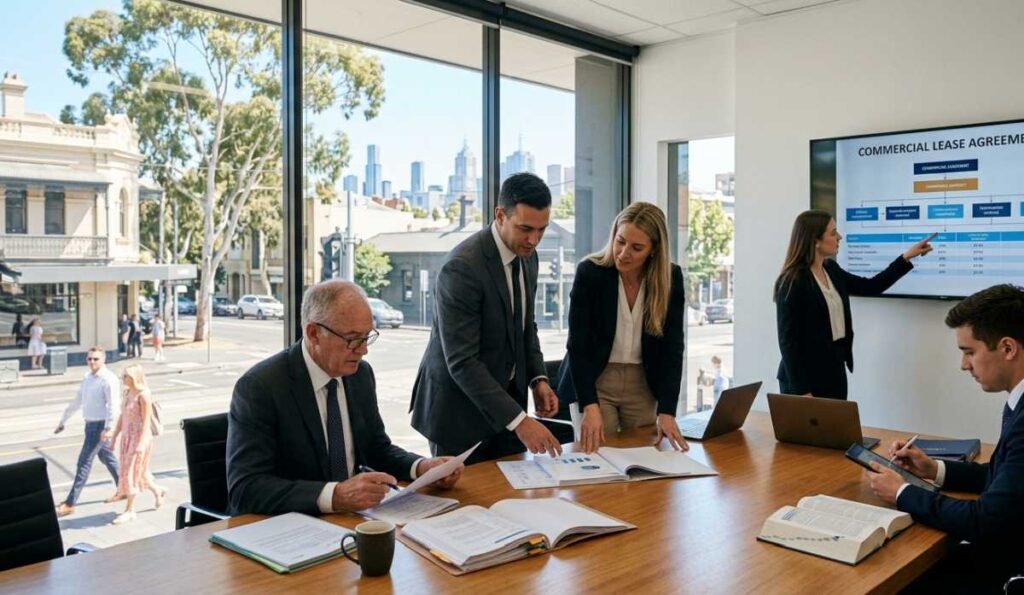 Four legal professionals discuss a commercial lease agreement in a boardroom overlooking a Melbourne street and the distant city skyline.