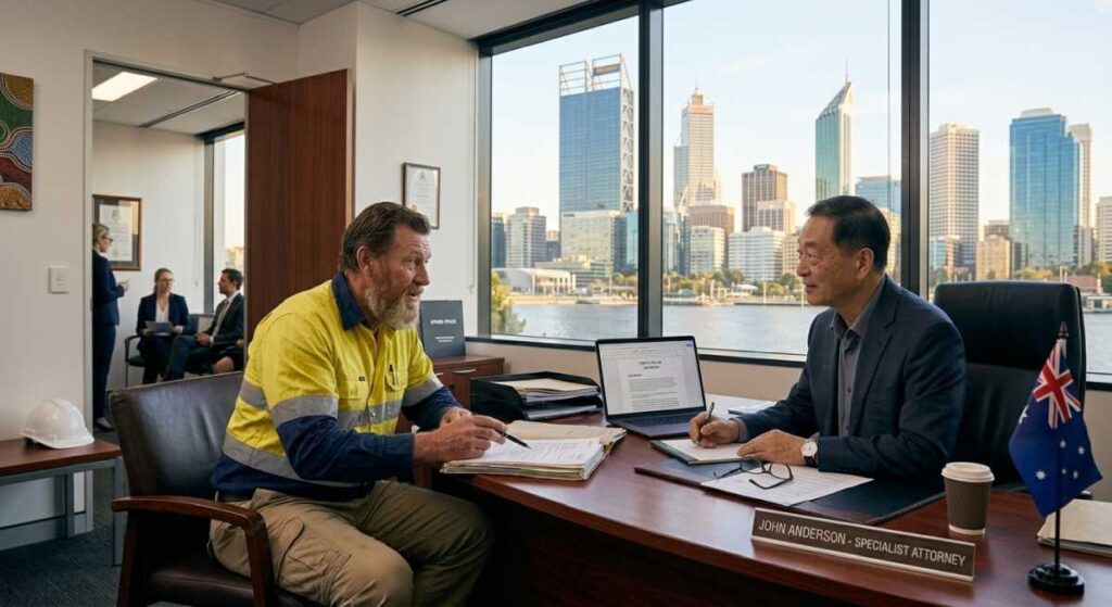An employment lawyer and a worker reviewing a non-compete clause contract in a Perth office with key legal criteria overlay text.