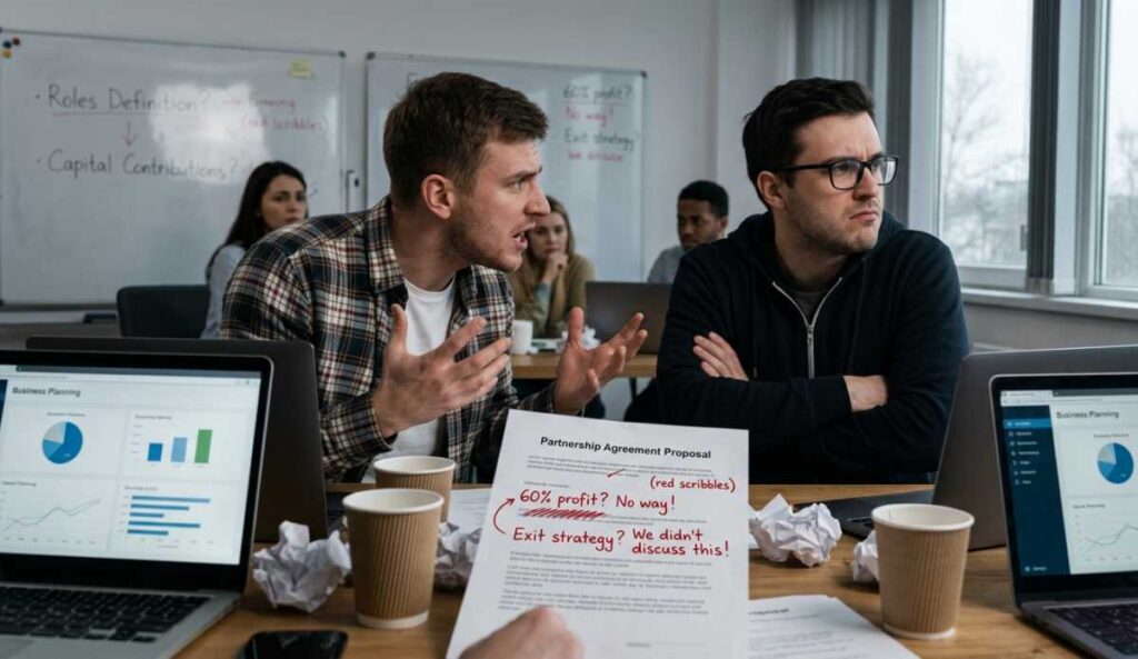 Two business partners in a heated argument over a legal document with red-inked notes on profit and exit terms