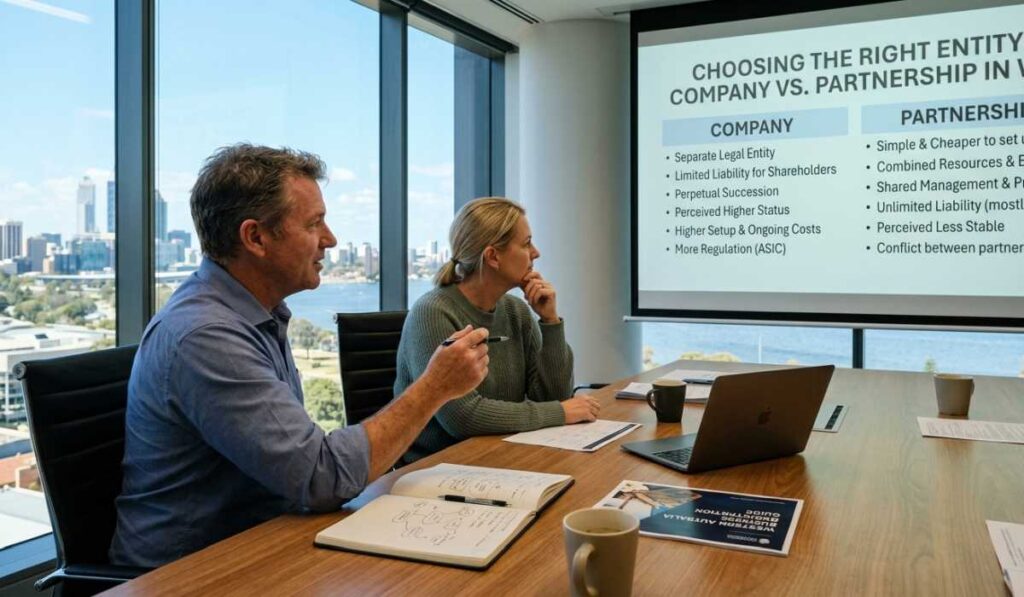 A slightly closer photograph of the same Perth boardroom meeting, focusing on the professionals as they review the details of Western Australia business entities on a projector screen.