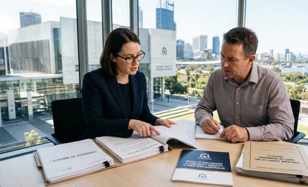 A photograph of a female lawyer and a male client in an office. The lawyer, a woman wearing a dark blazer and glasses, is pointing with a pen at a section of an open document and looking at the client. The client, a man wearing a checkered shirt, is looking down at the document she is pointing to, holding a pen and a notebook.