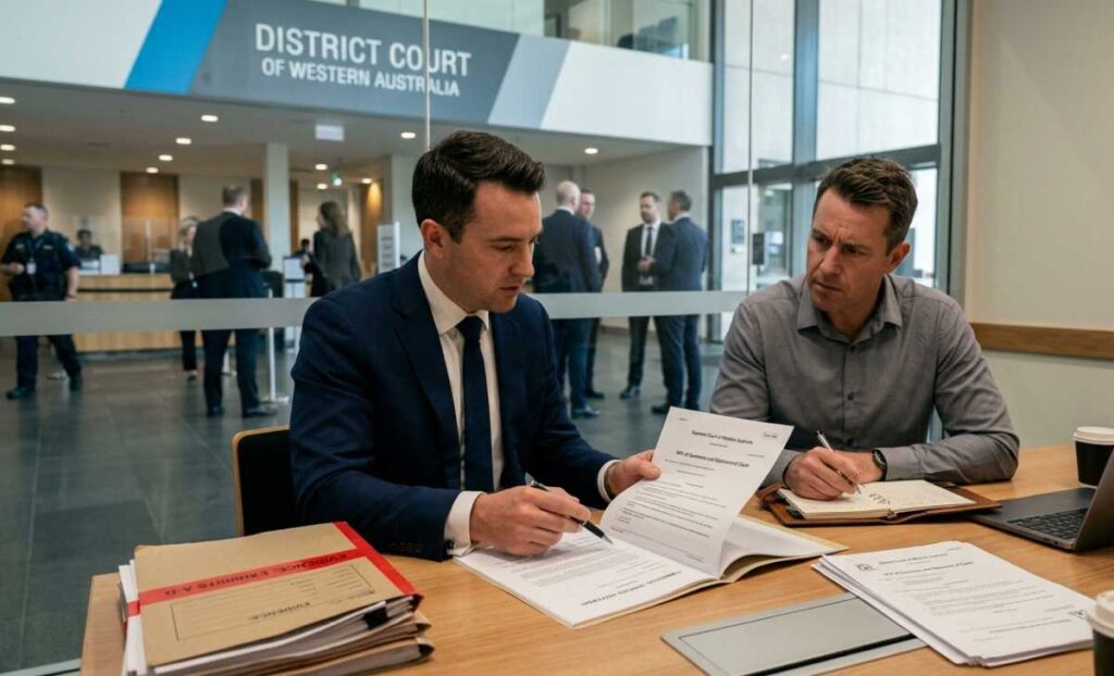 A lawyer in a suit points to a document while a man takes notes at a table inside the District Court of Western Australia.
