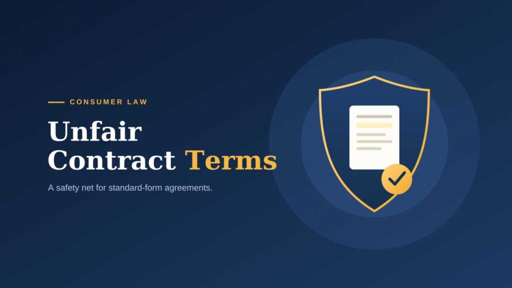 Gold shield protecting a contract document with a tick, illustrating unfair contract terms protection under Australian Consumer Law