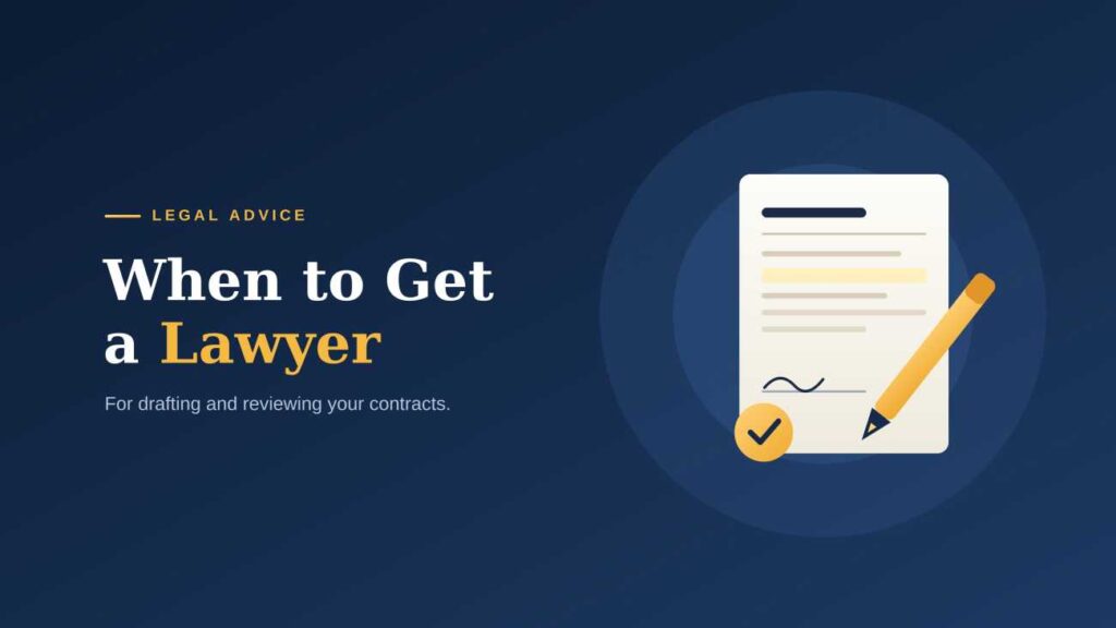 Contract being signed with a gold pen and a tick, representing when to get a lawyer to draft or review a contract